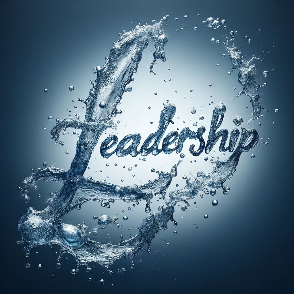 The word 'Leadership' formed by water splashes on a gradient blue background.