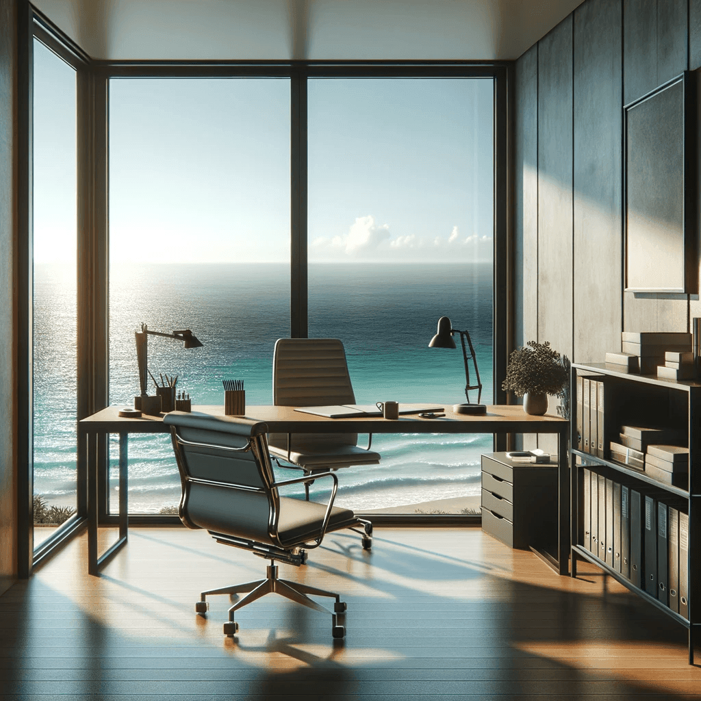 Modern office with a desk and chair overlooking a scenic ocean view through large windows.