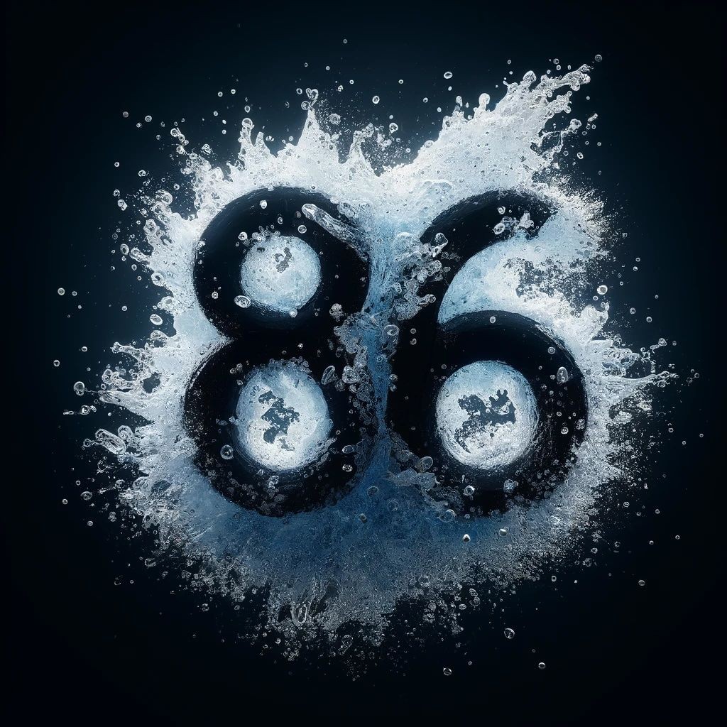 The number 86 depicted with a dramatic splash of water against a dark background.