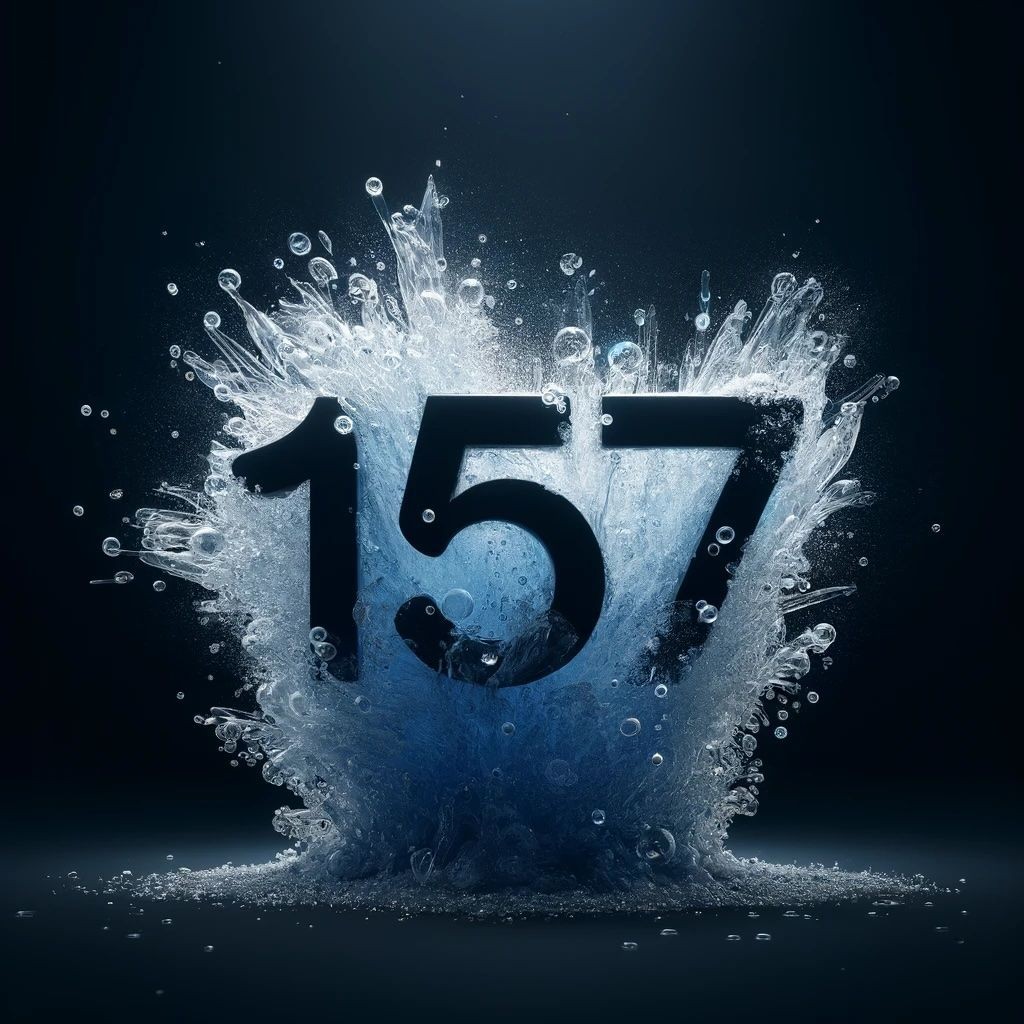 The number 157 with a dynamic water splash effect against a dark background.