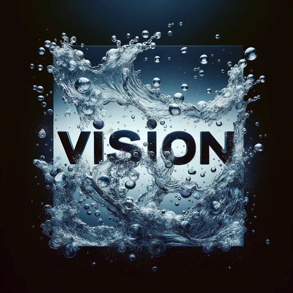 The word 'VISION' surrounded by a splash of water and bubbles against a dark background.