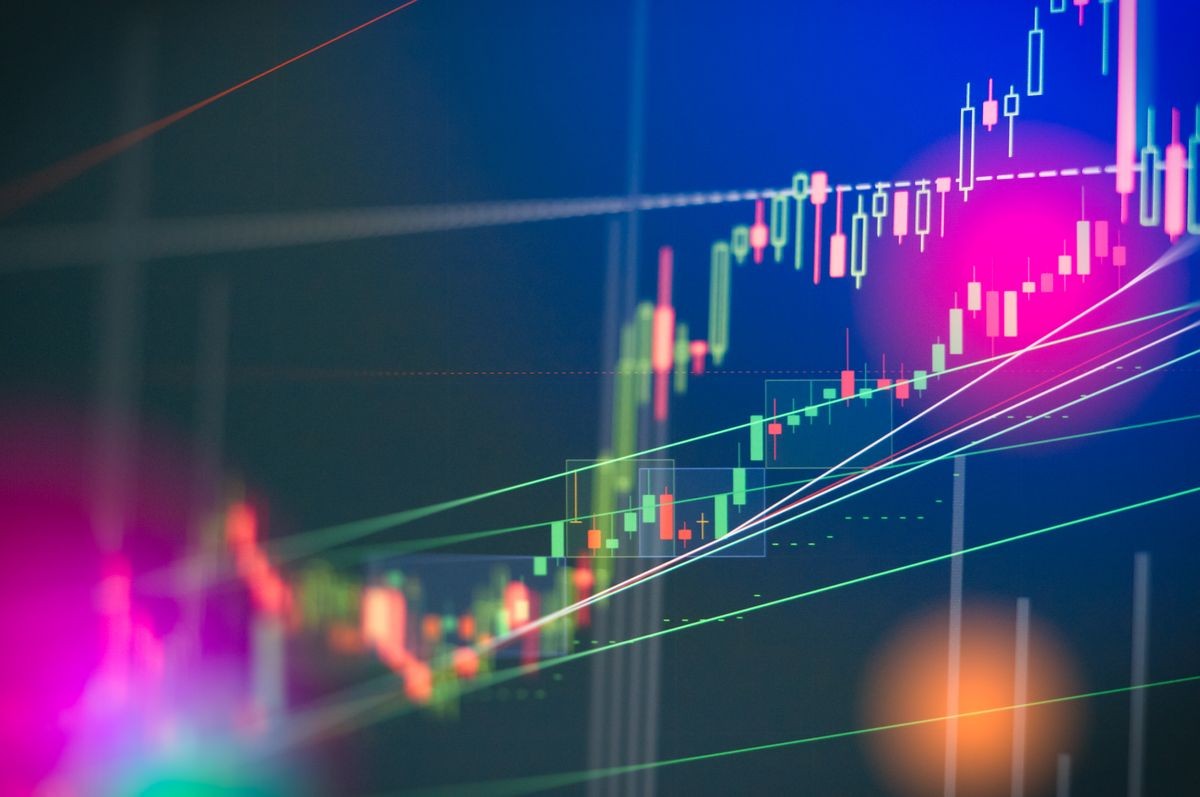 Stock market digital graph chart on LED display concept. A large display of daily stock market price and quotation. Indicator financial forex trade education background.